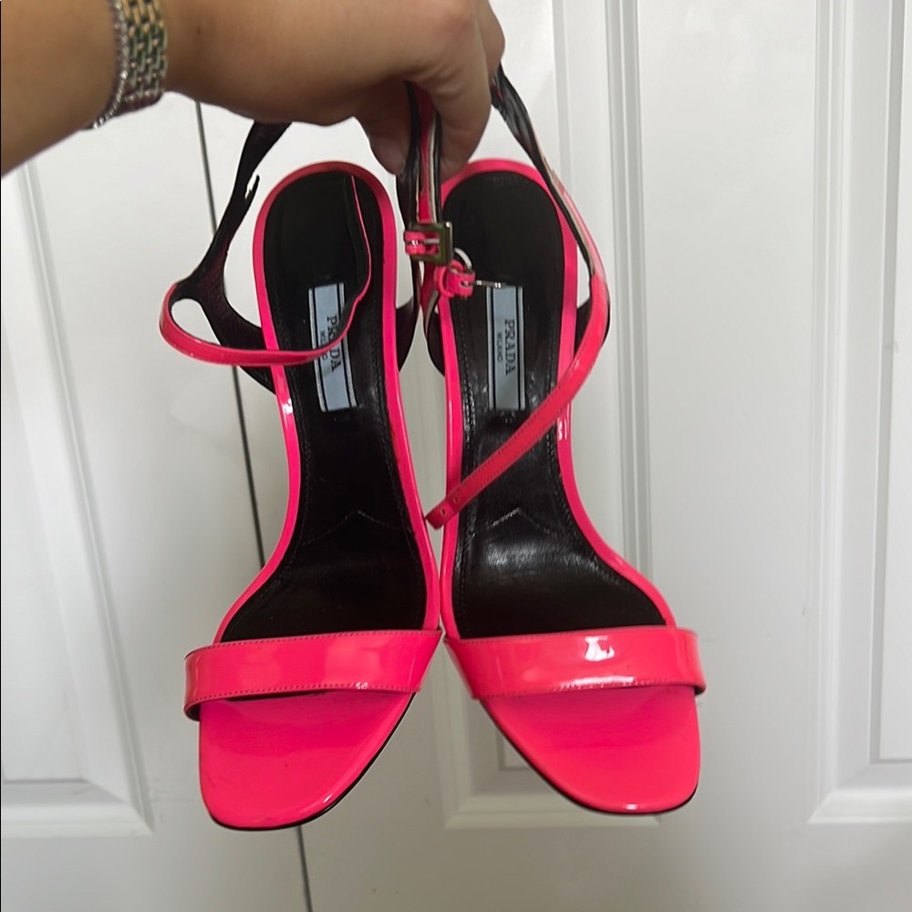 Prada Flame Pink High Heel Peep-Toe Pumps